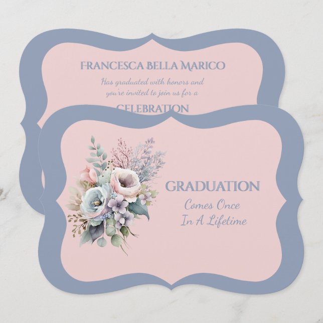 Invitación Graduation Daughter Blue Pink Floral Invitation (Anverso / Reverso)