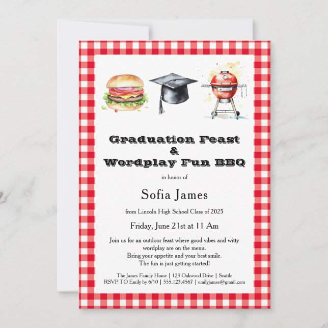 Invitación Graduation Feast & Wordplay Fun BBQ Party (Anverso)