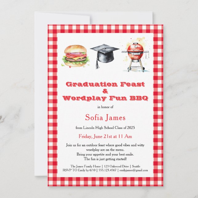 Invitación Graduation Feast & Wordplay Fun BBQ Party (Anverso)