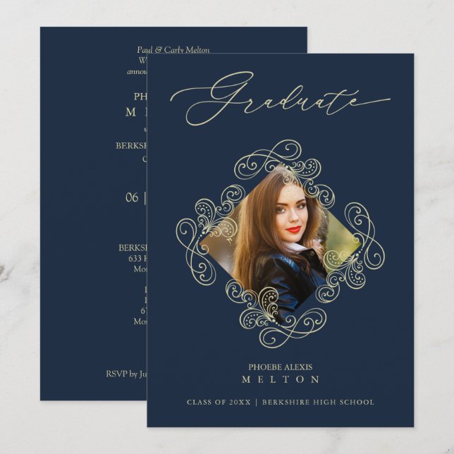 Invitación Graduation Gold Diamond Flourish Photo Invitation. (Anverso / Reverso)