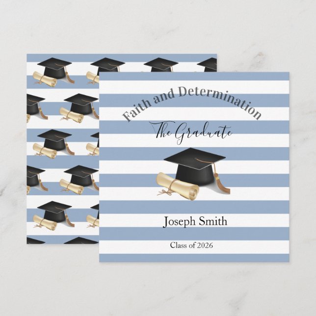 Invitación Graduation Invitation Blue Stripe  (Anverso / Reverso)
