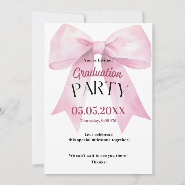 Invitación Graduation Invitation • Pink Bow Party  (Anverso)