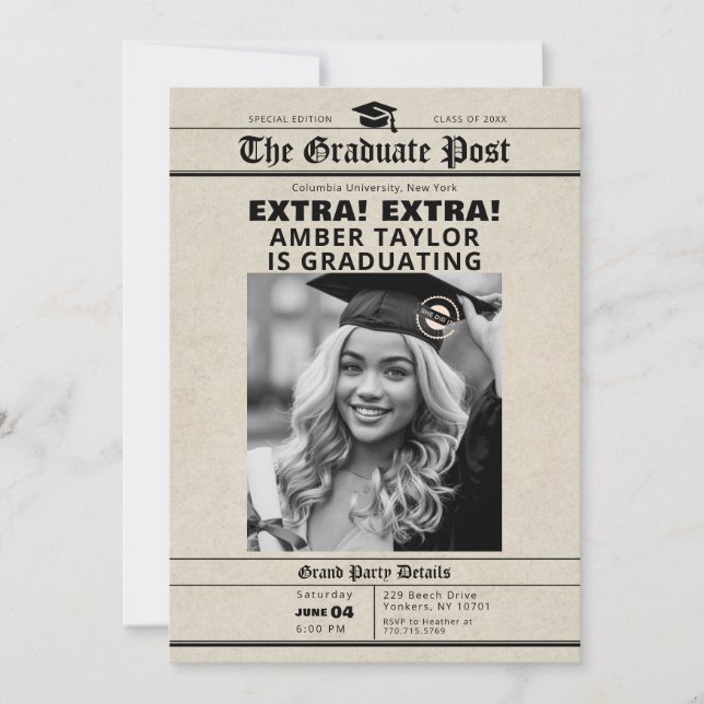 Invitación Graduation Newspaper “Extra Extra” B&W Photo (Anverso)