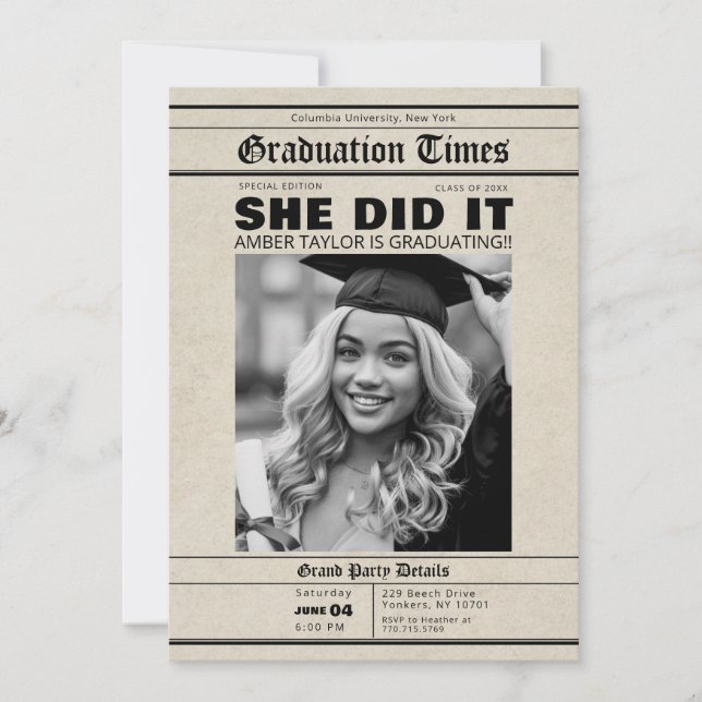 Invitación Graduation Newspaper She Did It B&W Photo (Anverso)