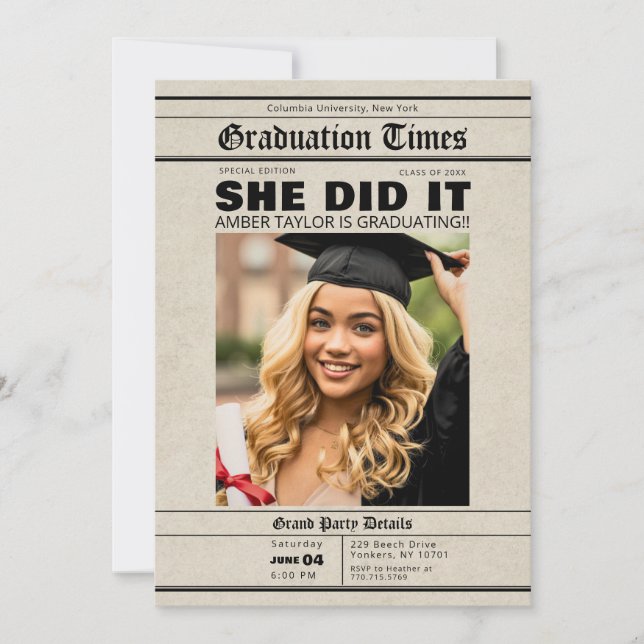 Invitación Graduation Newspaper She Did It Photo (Anverso)