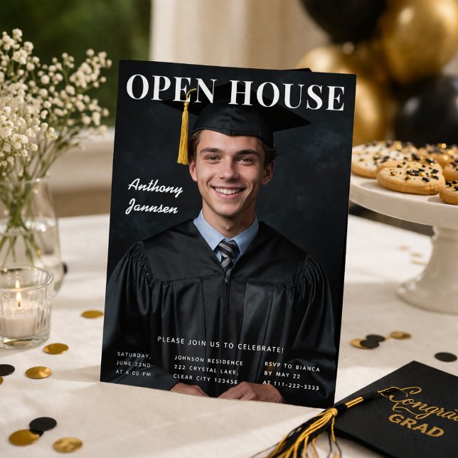 Invitación Graduation Open House Photo Invite (Graduation open house photo invitation styled for a warm and elegant celebration setup)