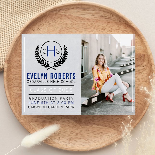 Invitación Graduation Party 2023 Monogram Blue (Subido por el creador)