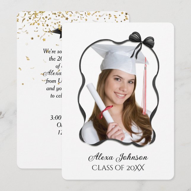 Invitación Graduation Party Black Bow And Ribbon Frame (Anverso / Reverso)