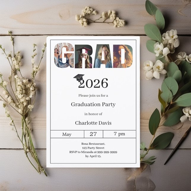 Invitación Graduation party black white grad photo (Subido por el creador)