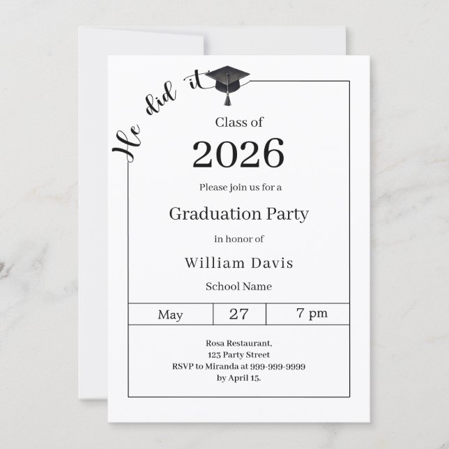 Invitación Graduation party black white He did it (Anverso)