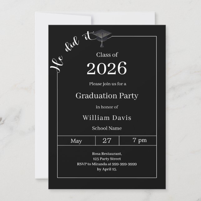 Invitación Graduation party black white He did it (Anverso)