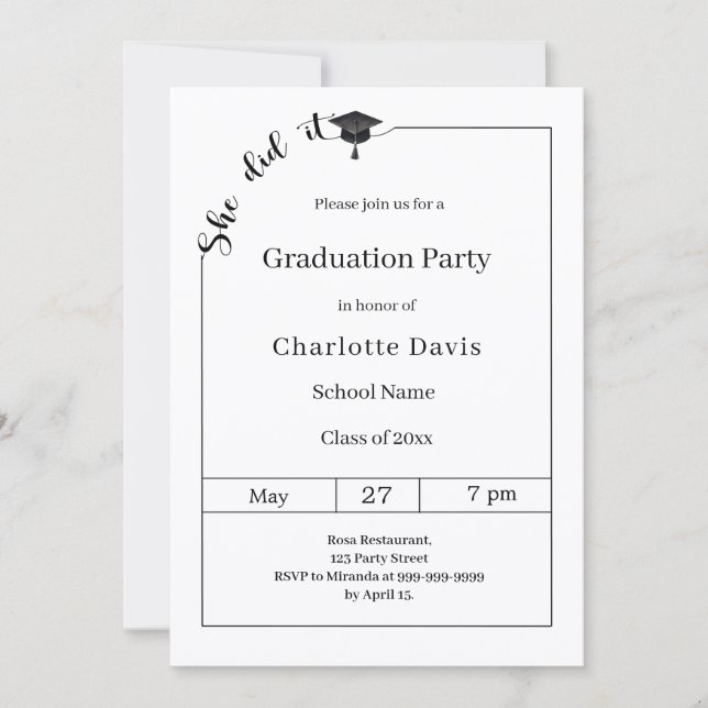 Invitación Graduation party black white She did it (Anverso)