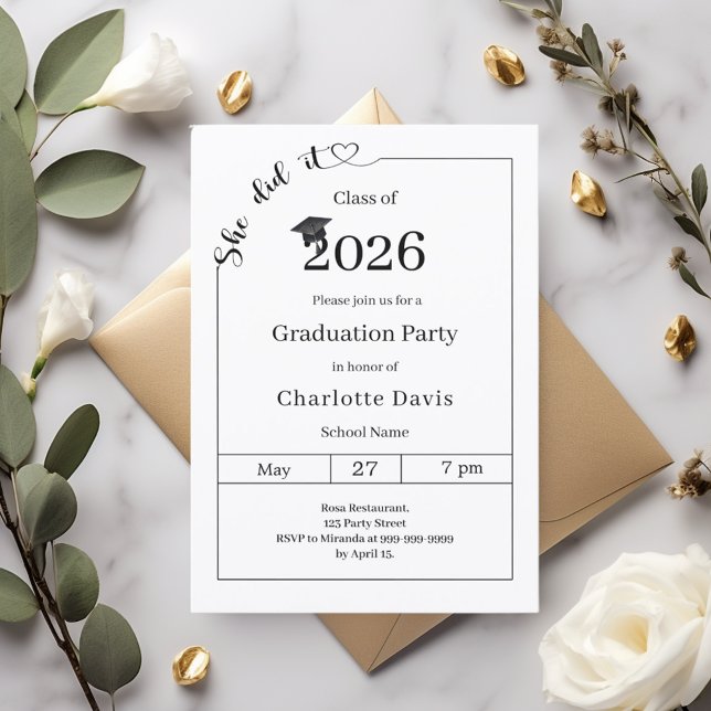 Invitación Graduation party black white She did it (Subido por el creador)