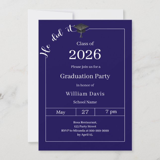 Invitación Graduation party blue white He did it (Anverso)