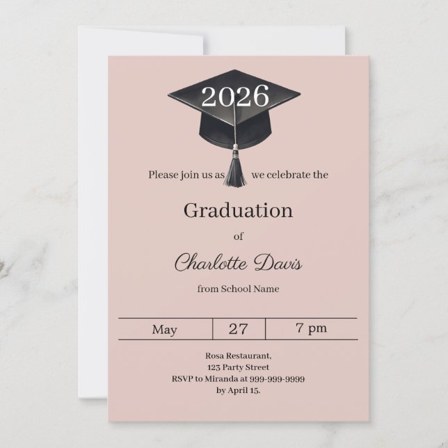 Invitación Graduation party blush pink class of 2026 (Anverso)