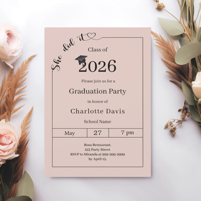 Invitación Graduation party blush pink neutral She did it (Subido por el creador)