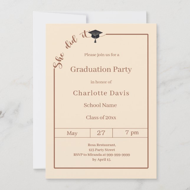 Invitación Graduation party champagne She did it (Anverso)