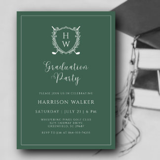 Invitación Graduation Party Golf Crest Elegant Script Sage