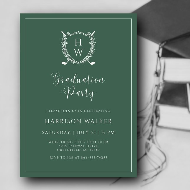Invitación Graduation Party Golf Crest Elegant Script Sage (A polished look for a milestone worth celebrating. Custom monogram makes it uniquely theirs.)