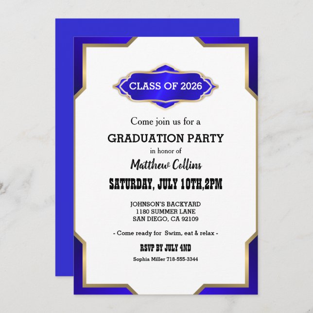 Invitación Graduation Party Invitation blue Retro Inspired  (Anverso / Reverso)