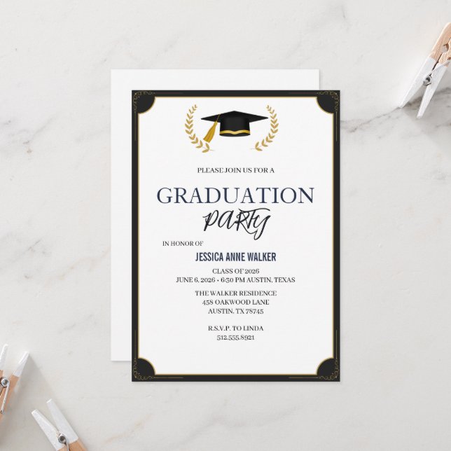 Invitación Graduation Party Invitation Elegant Blue Editable  (Anverso/Reverso In Situ)