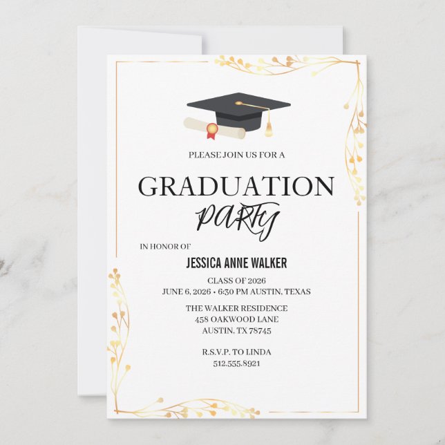 Invitación Graduation Party Invitation Elegant Gold Editable  (Anverso)