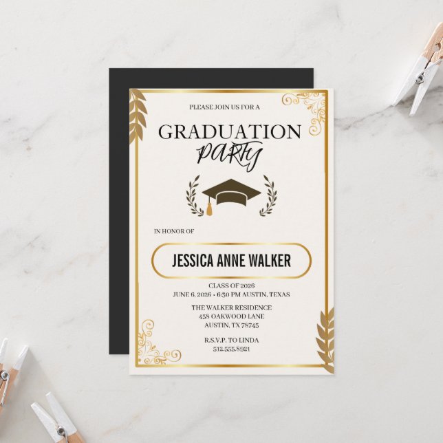 Invitación Graduation Party Invitation Elegant Gold Editable  (Anverso/Reverso In Situ)