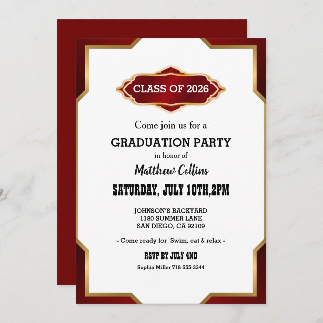 Invitación Graduation Party Invitation Red Retro Inspired  (Anverso / Reverso)