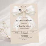 Invitación Graduation party ivory bow champagne 2026<br><div class="desc">Celebrate your achievement with this elegant ivory bow graduation invitation. The design features a large,  sophisticated satin ribbon adorned with delicate pearl strings and a subtle mortarboard icon. A champagne colored background.  It is the perfect choice for high school or college seniors looking for a feminine and chic announcement.</div>