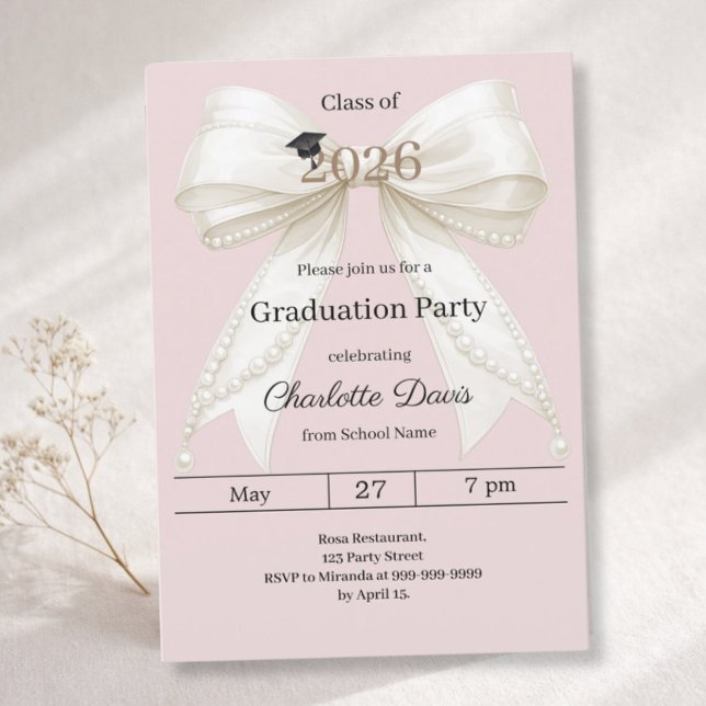 Invitación Graduation party ivory bow pink class of 2026 (Subido por el creador)