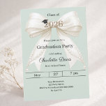 Invitación Graduation party ivory bow sage green 2026<br><div class="desc">Celebrate your achievement with this elegant ivory bow graduation invitation. The design features a large, sophisticated satin ribbon adorned with delicate pearl strings and a subtle mortarboard icon. A sage green colored background. It is the perfect choice for high school or college seniors looking for a feminine and chic announcement....</div>