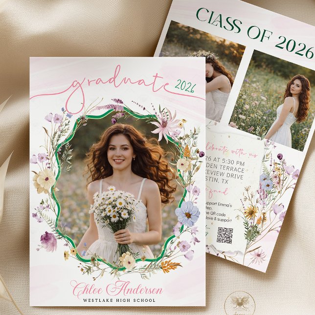 Invitación Graduation party QR Code Wildflower   (graduation invitation, qr code invite, wildflower invitation, boho graduation, floral invite, gradua)