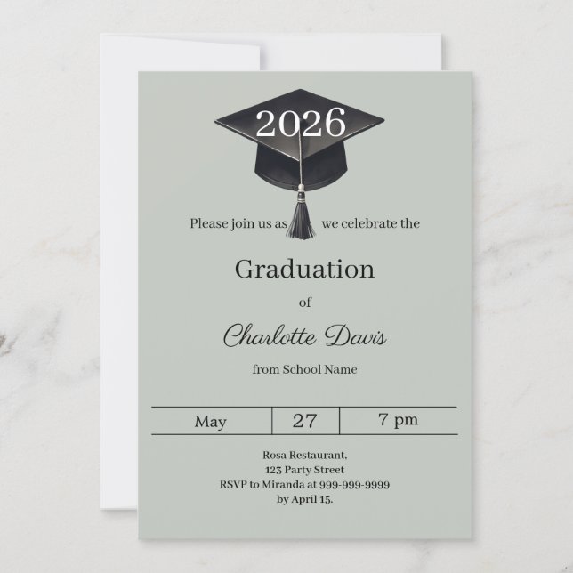 Invitación Graduation party sage green class of 2026 (Anverso)