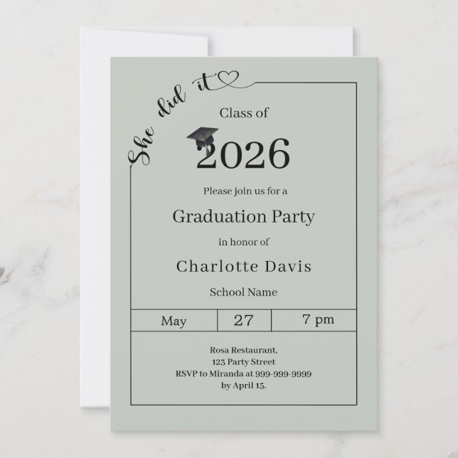 Invitación Graduation party sage green She did it (Anverso)