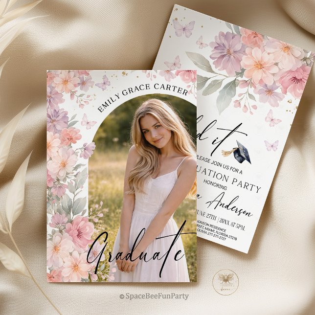 Invitación Graduation Party  Wildflower Photo (graduation invitation, wildflower invite, boho floral, graduation party, photo invitation, bohemian )