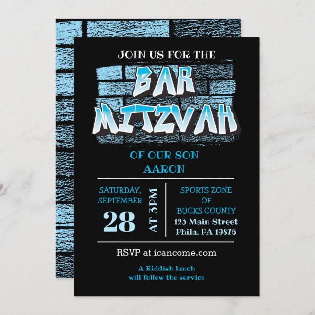 Invitación Graffiti Bar Mitzvah Brick Wall Splatter Invite (Anverso / Reverso)