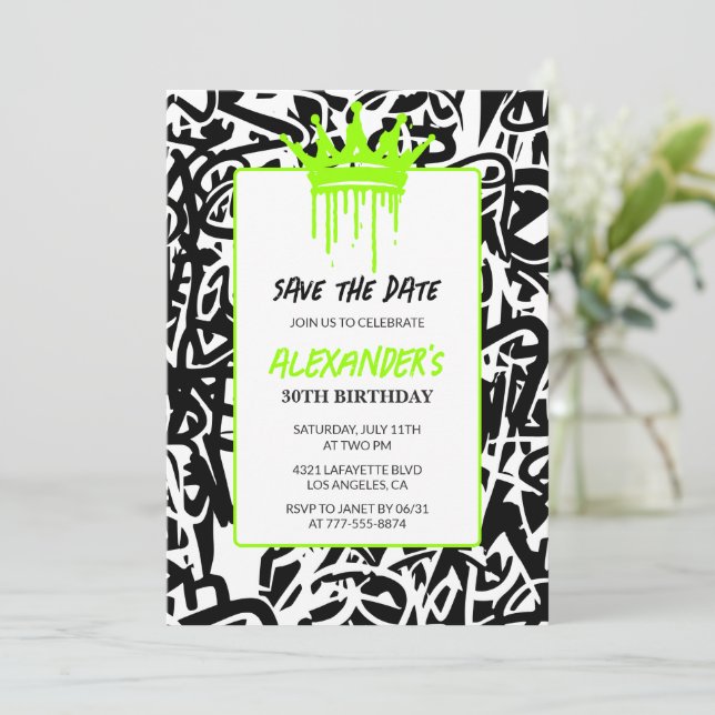 Invitación Graffiti Black Green cumpleaños 30 Save the Date (Anverso de pie)