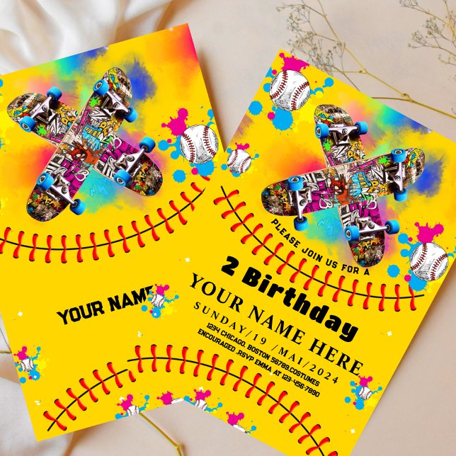 Invitación Graffiti de skateboard de béisbol fiesta colorido  (Subido por el creador)