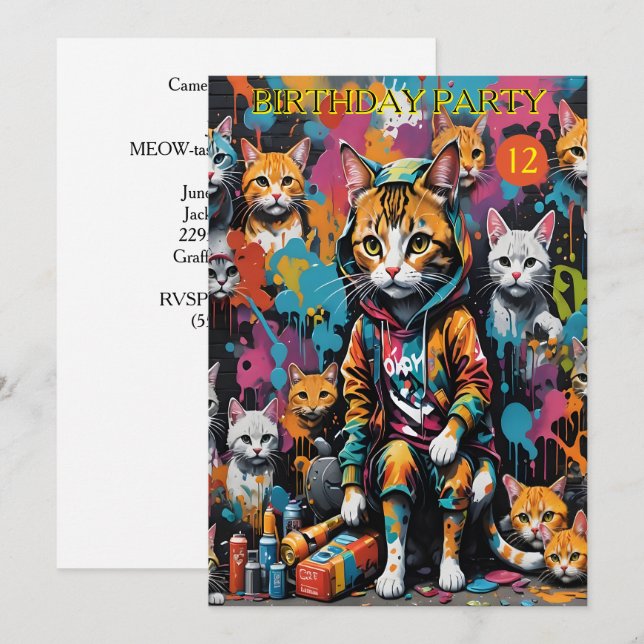 Invitación Graffiti Legend Street Cat 12 cumpleaños (Anverso / Reverso)