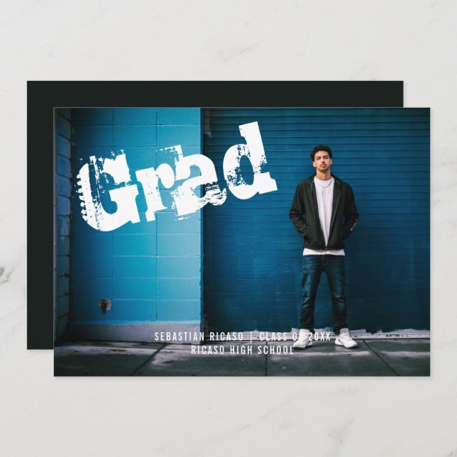 Invitación Graffiti personalizado de foto graduada gris oscur (Anverso / Reverso)