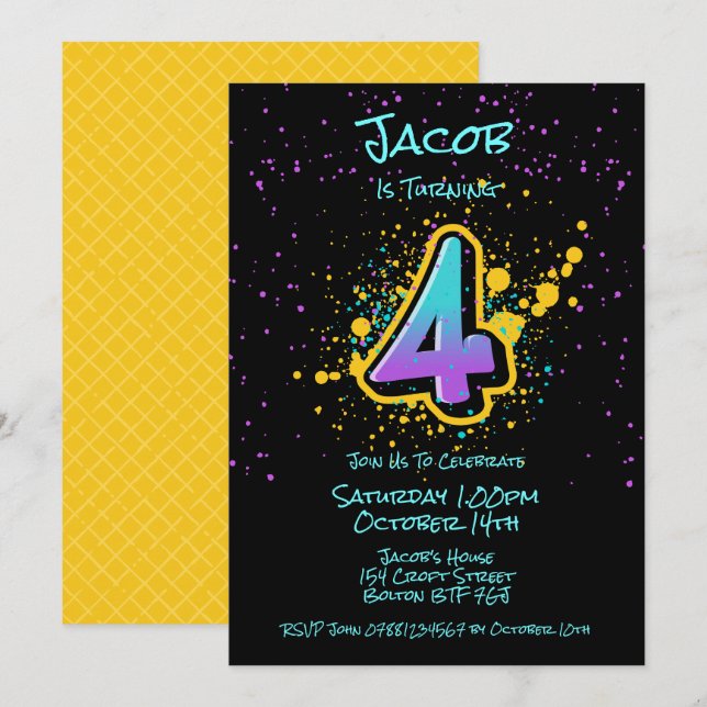 Invitación Graffiti Splatter Age Four Invitation (Anverso / Reverso)