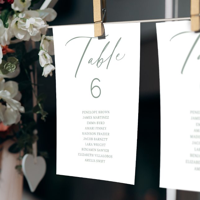 Invitación Gráfica de asientos de número de tabla de script e (Sage elegant script table number seating chart)