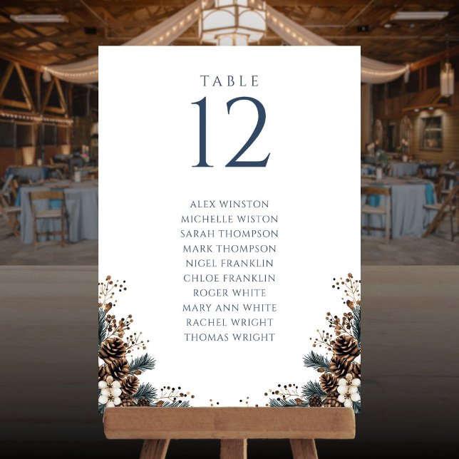Invitación Gráfica de asientos del número de la tabla floral  (Winter Pinecone Floral Table Number Seating Chart)