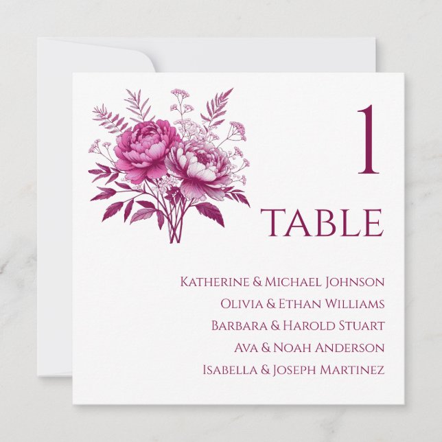 Invitación Gráfico de asientos boda - Peonía magenta de color (Anverso)