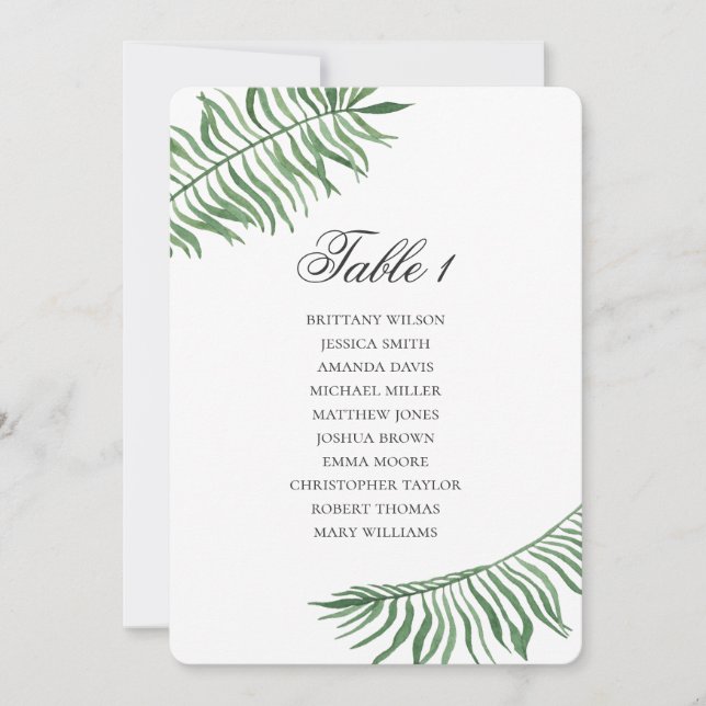 Invitación Gráfico de asientos bodas tropicales Hojas verdes  (Anverso)