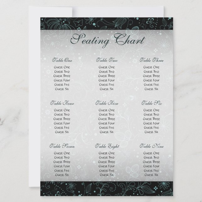 Invitación Gráfico de Asientos con Borde Floral Azul sobre Ne (Reverso)
