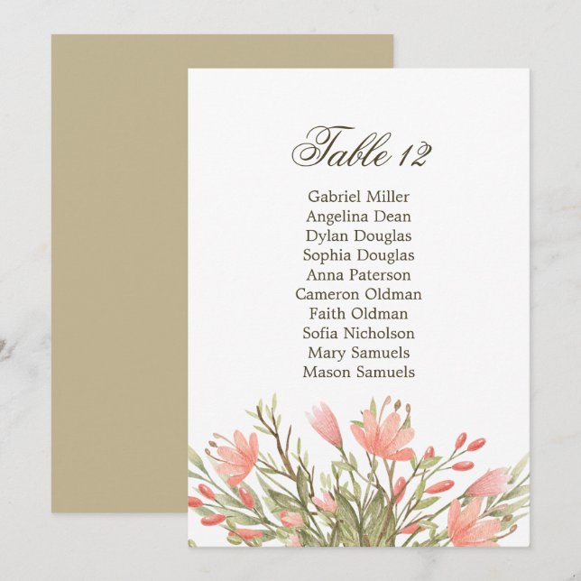 Invitación Gráfico de Asientos de Boda con Flores Elegantes y (Anverso / Reverso)