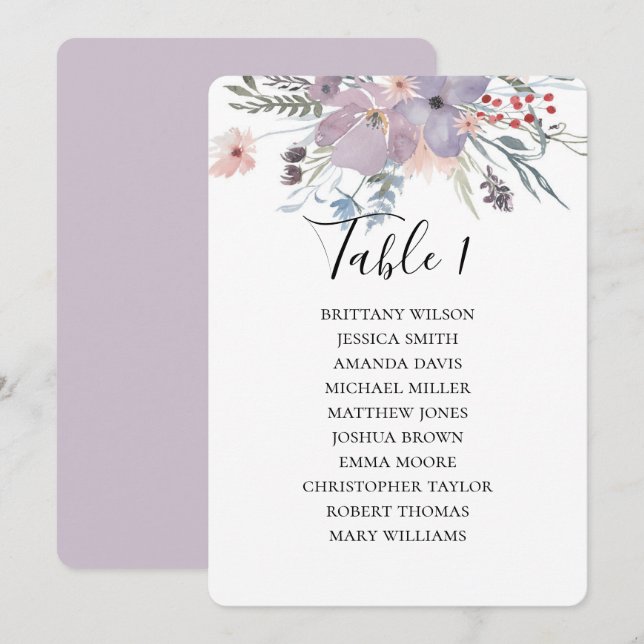 Invitación Gráfico de asientos de boda con flores púrpuras. B (Anverso / Reverso)