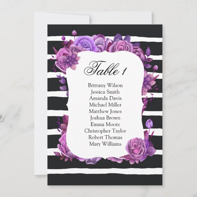 Invitación Gráfico de asientos de boda con flores púrpuras. P (Anverso)
