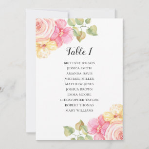 Invitación Gráfico de asientos de boda con flores rosadas. Pl